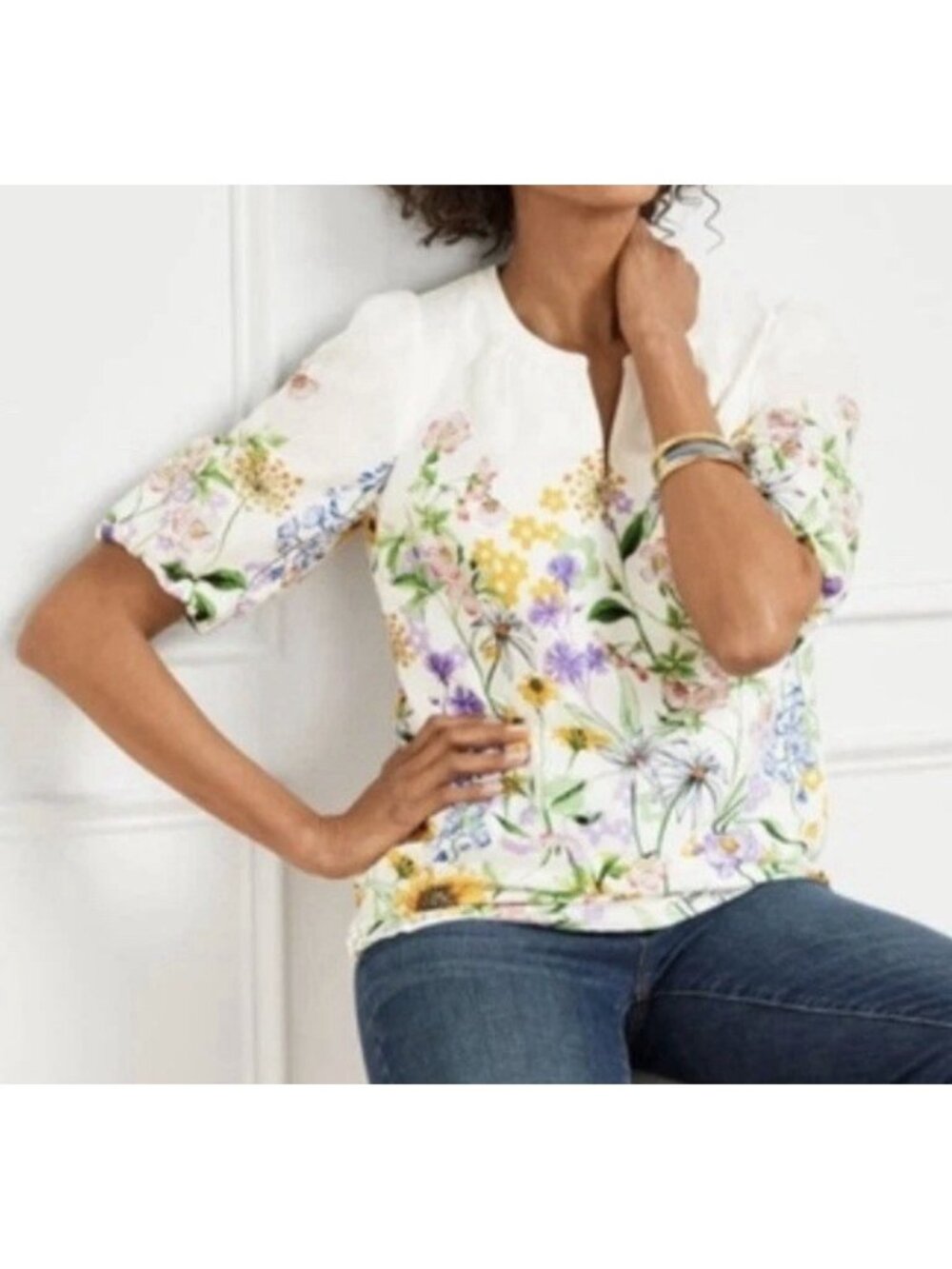 Talbots Floral Blouse Size 2X Puff Sleeve Split-Neck Pop-Over Cotton Top Lined